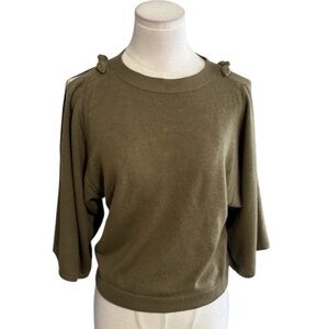 Shanghai Tang Army Green 100% Cashmere Sweater Cold Shoulder Size‎ S 2/3 Sleeve